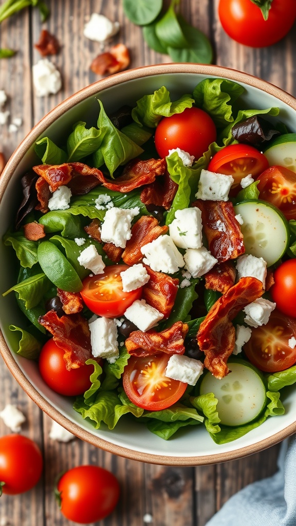 A fresh salad with greens, cherry tomatoes, cucumber, bacon, and feta cheese, drizzled with balsamic dressing, on a rustic wooden table.